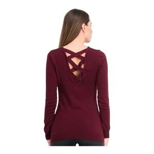 Love Ellie Burgundy Criss-Cross V-Neck Knit Sweater | Size M